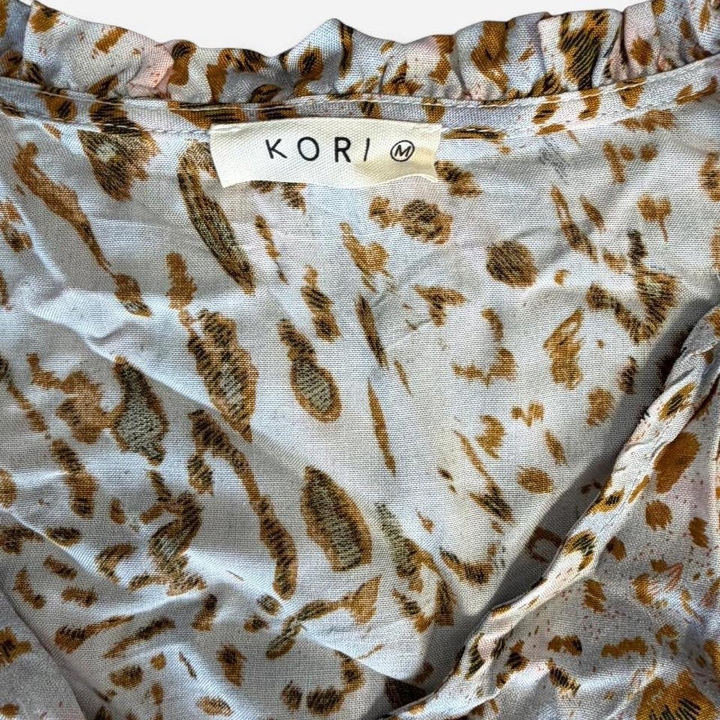Kori multicoloured leopard print blouse with ruffle detail. Size M