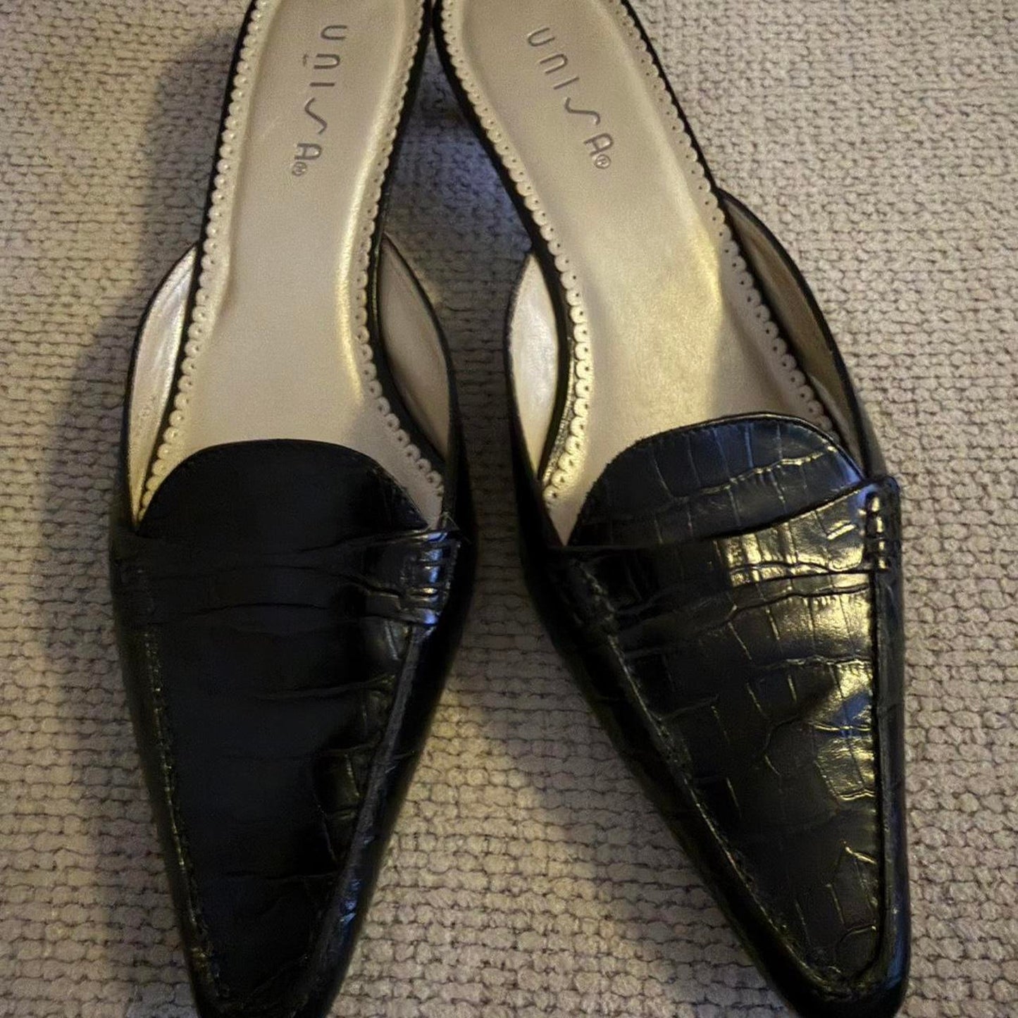 Black Croc Kitten Heel Mules 90s Vintage Prada Style