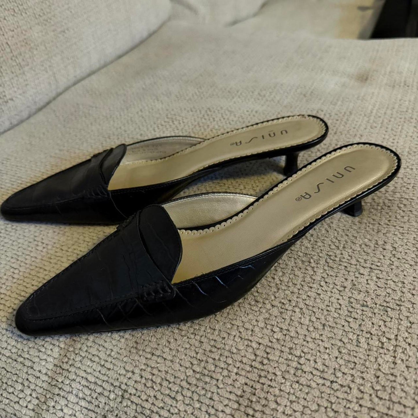 Black Croc Kitten Heel Mules 90s Vintage Prada Style