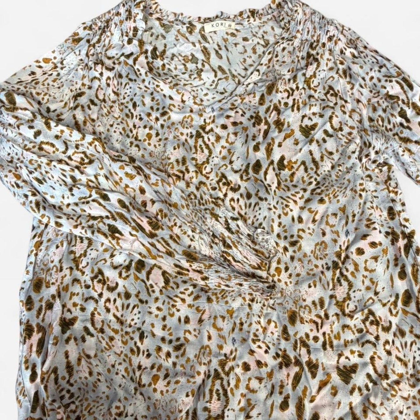 Kori multicoloured leopard print blouse with ruffle detail. Size M