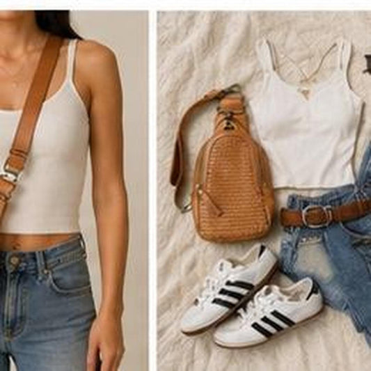 Tan leather crossbody bag with woven design from Anthropology