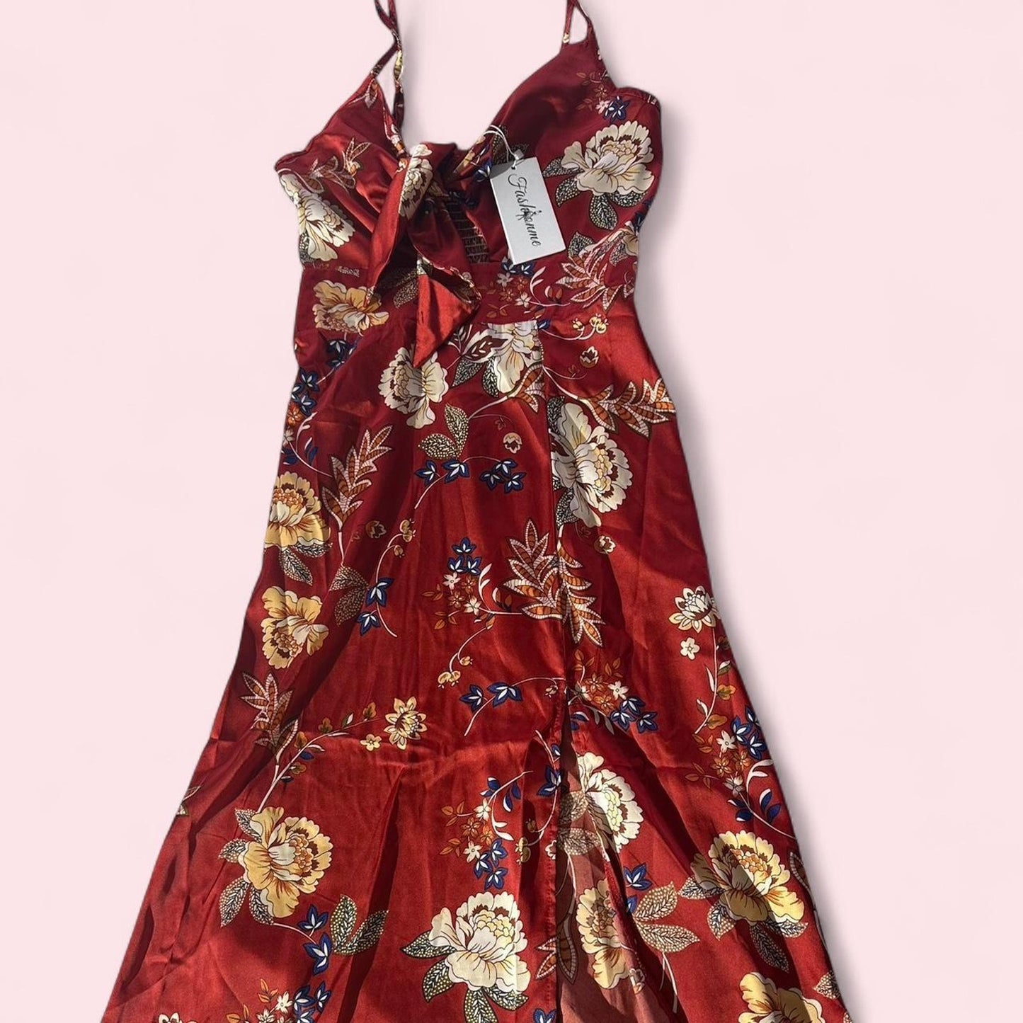 Red floral dress with tie