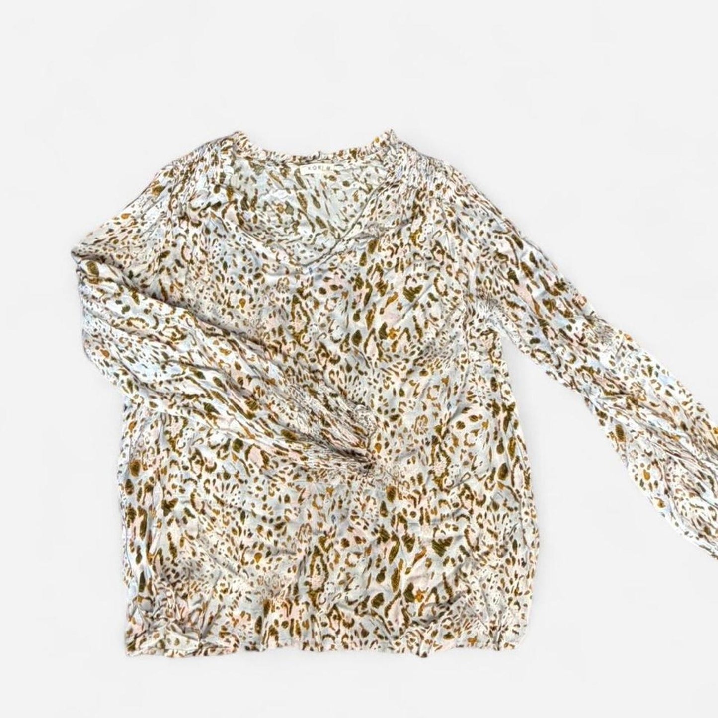 Kori multicoloured leopard print blouse with ruffle detail. Size M