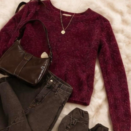 Burgundy fuzzy long sleeve top