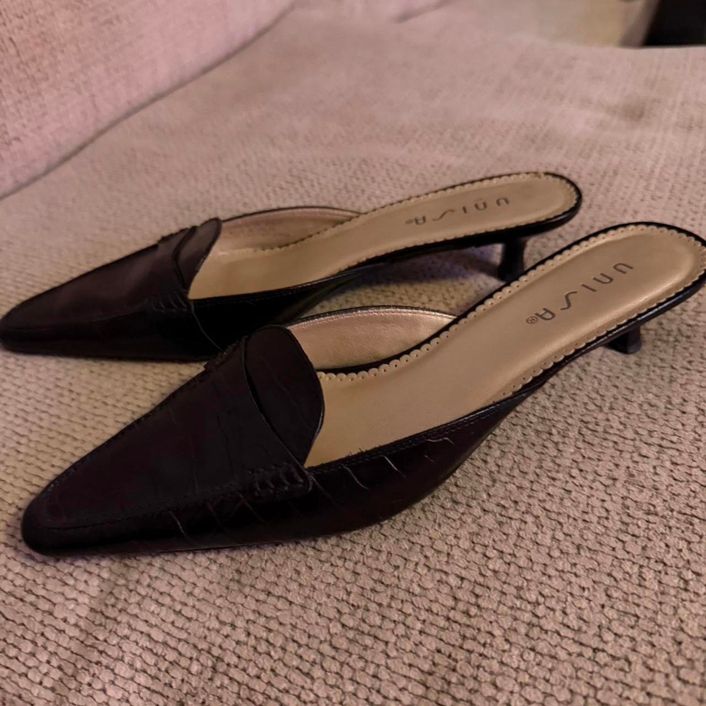 Black Croc Kitten Heel Mules 90s Vintage Prada Style