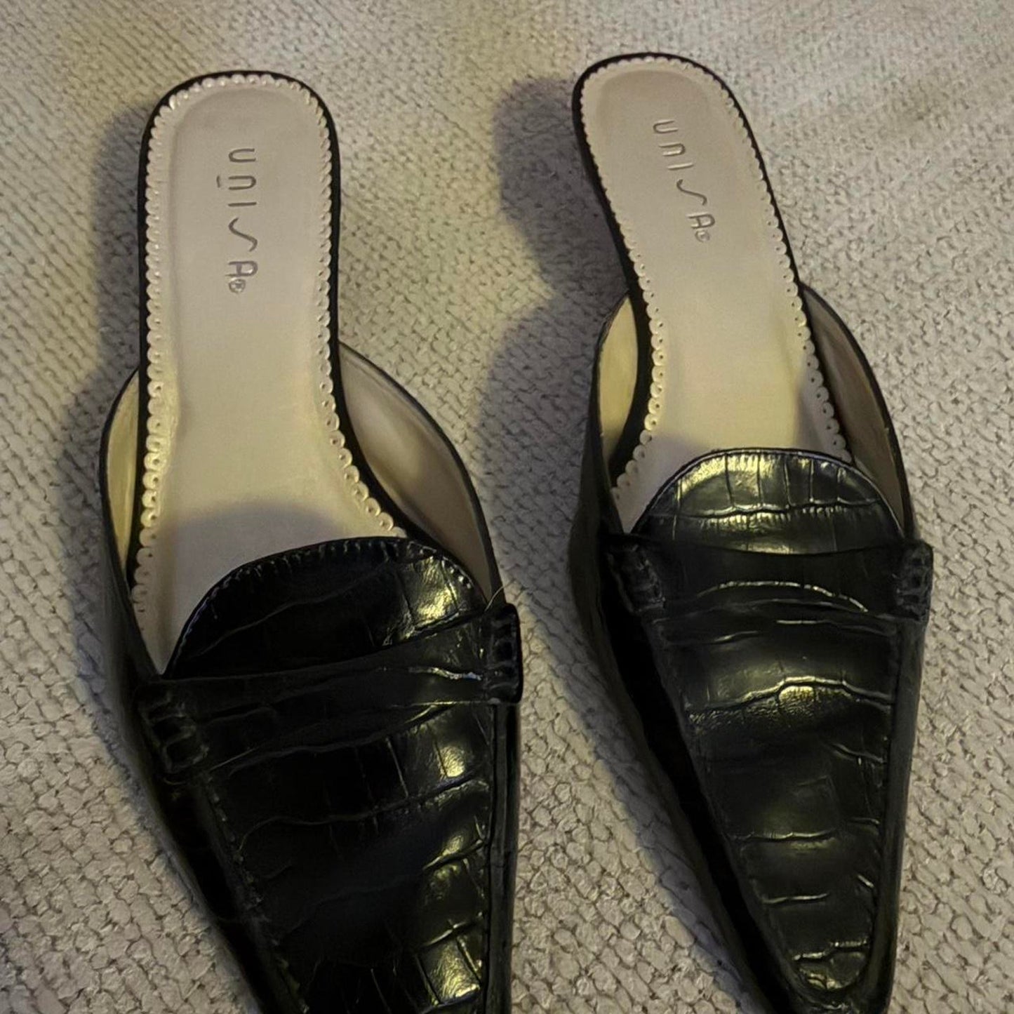 Black Croc Kitten Heel Mules 90s Vintage Prada Style